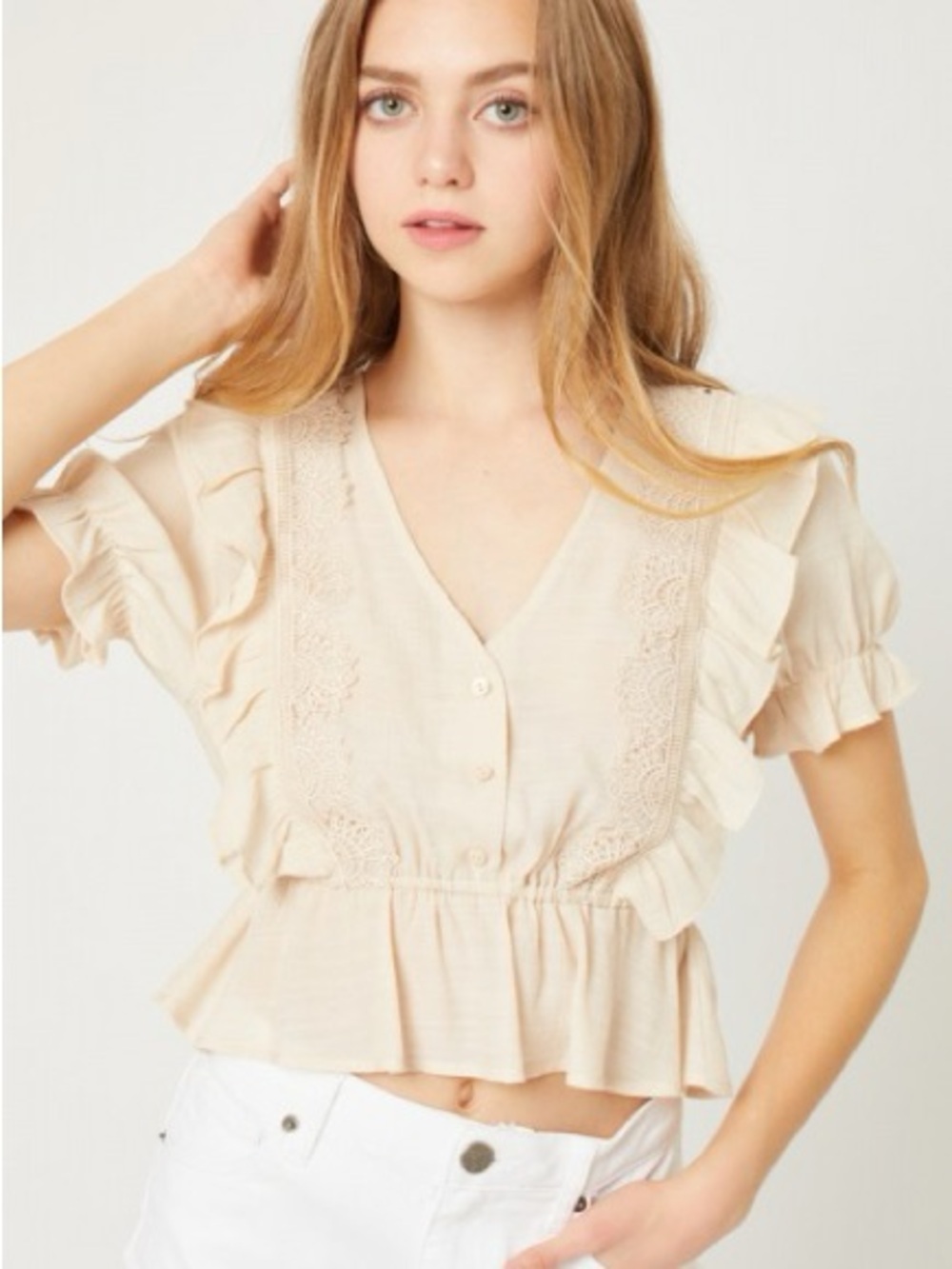 LOVE TREE  Junior’s Cream Ruffled Button-Front Peplum Top Lace Detail